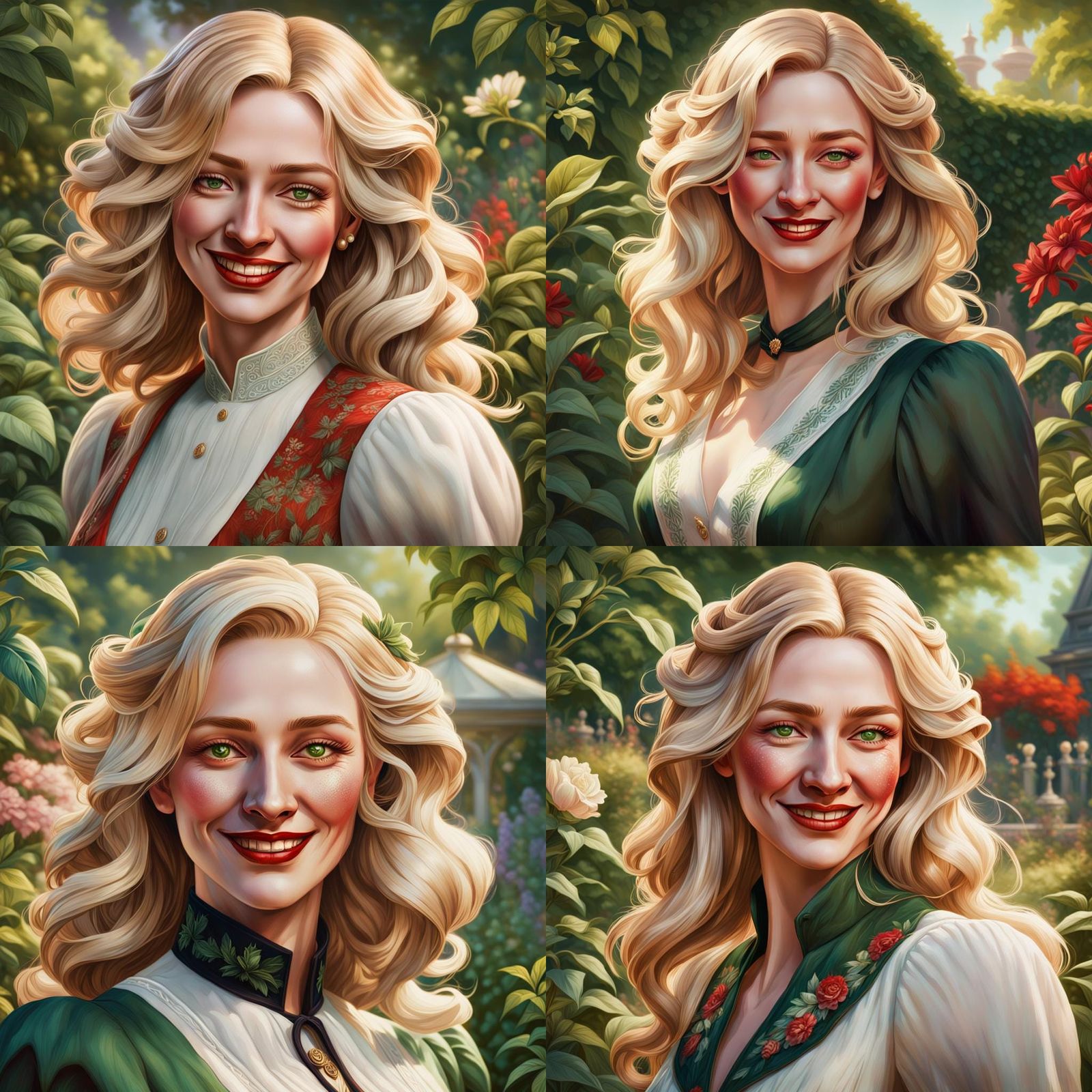A 1900s woman with loose blonde hair, green eyes, closed mou...