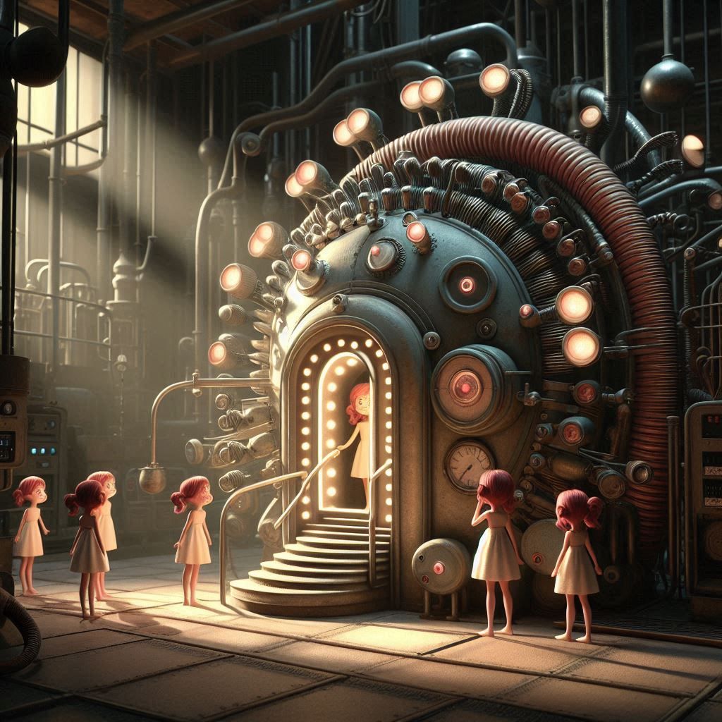 A large, complex machine similar to the one from 'The Sneetches' by Dr. Seuss, designed to paint cute red freckles on people's faces. It inc...