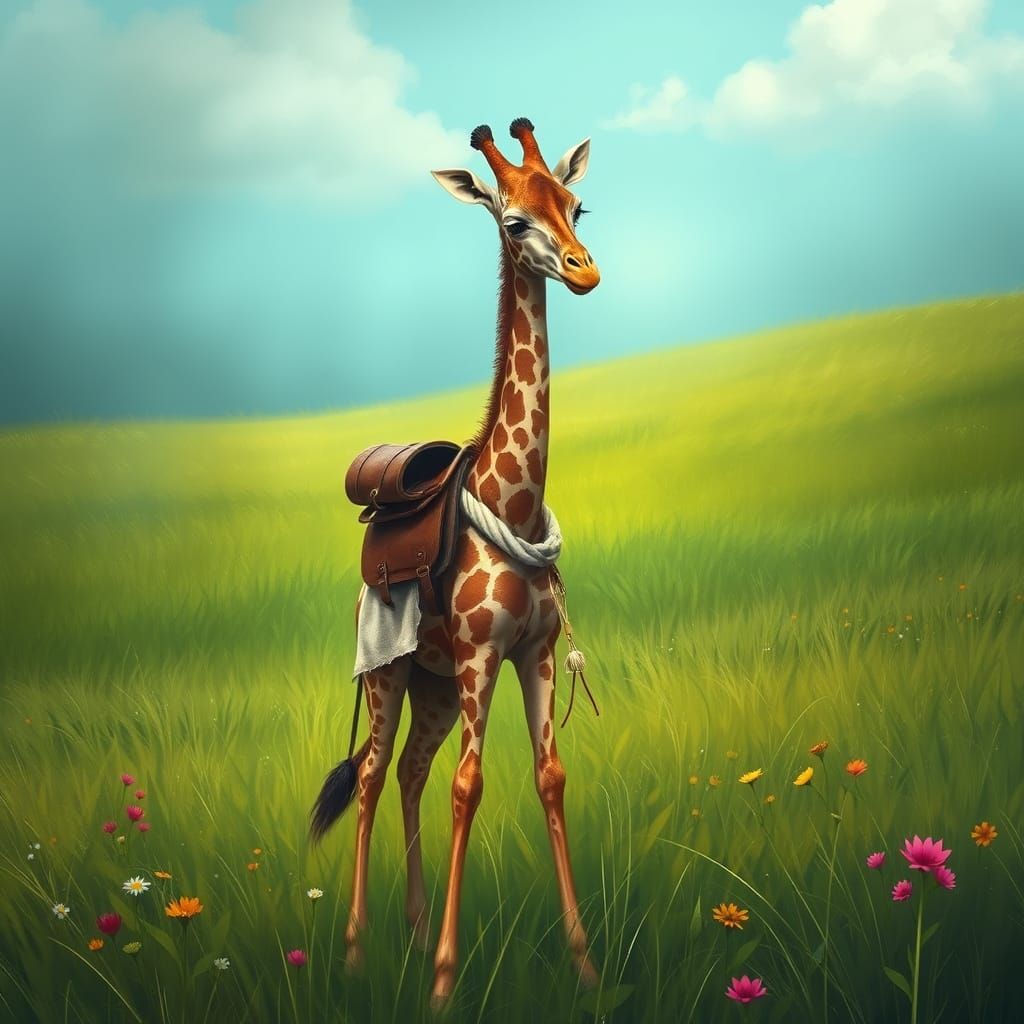 Giraffe Crying in Meadow, Whimsical Art Style