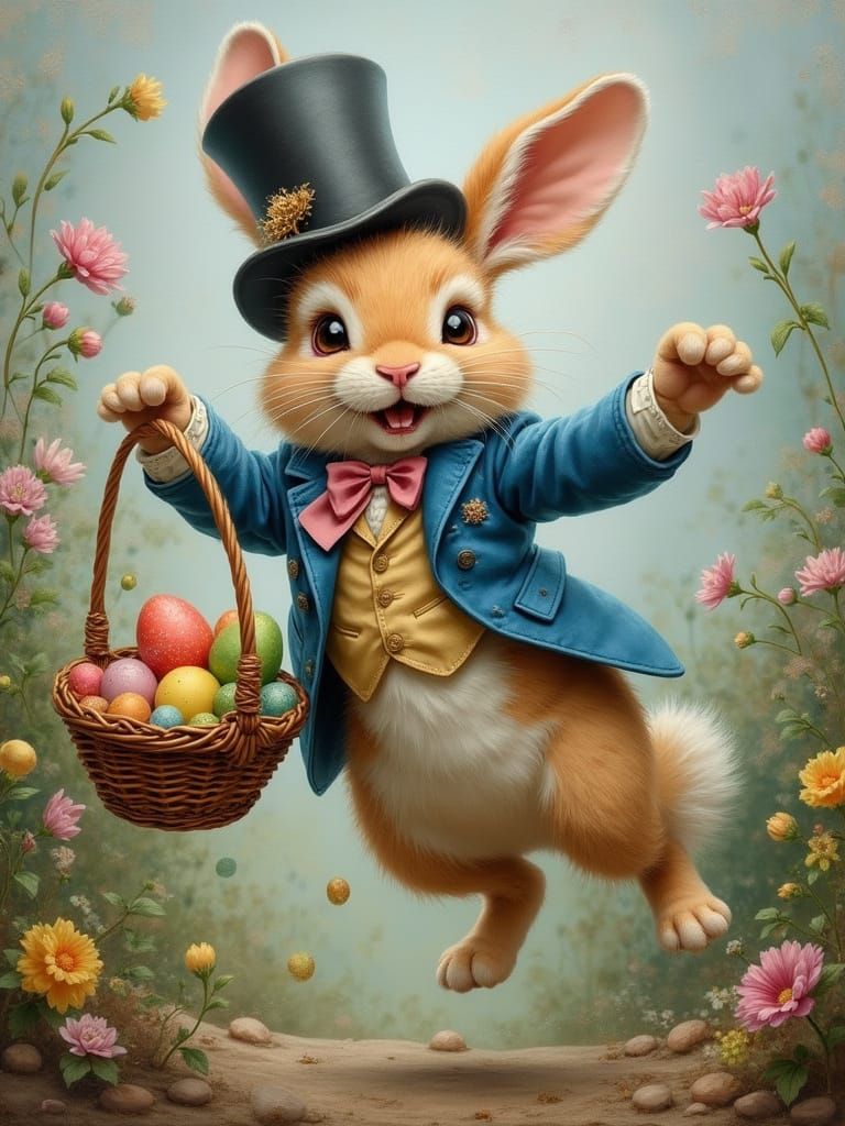 Easter Bunny carrying a large Easter Egg basket, and is becoming unbalanced in the style of Jan van Eyck. ...  by @Grizzly
