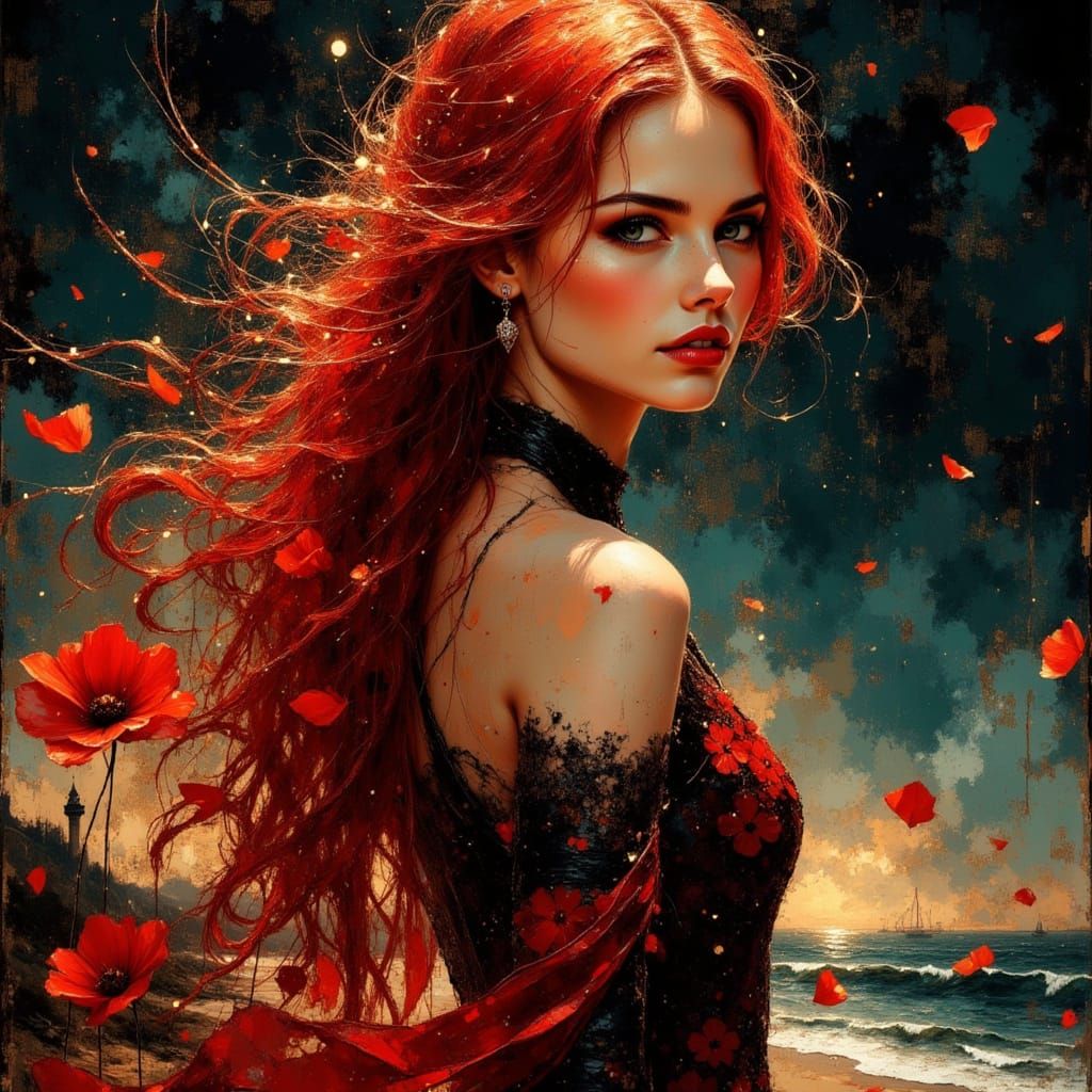 Anime Woman with Red Hair on Cliff Overlooking Seascape