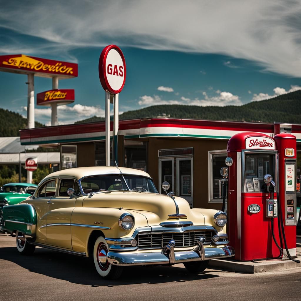 Vintage American Car at Gas Station