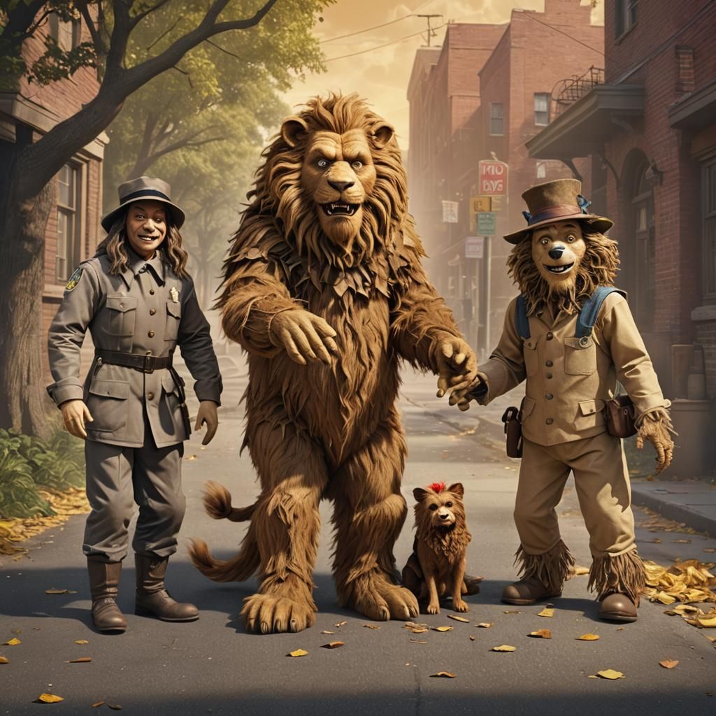 The hyperrealistic Cowardly Lion, Dorthy and Toto, and the S...