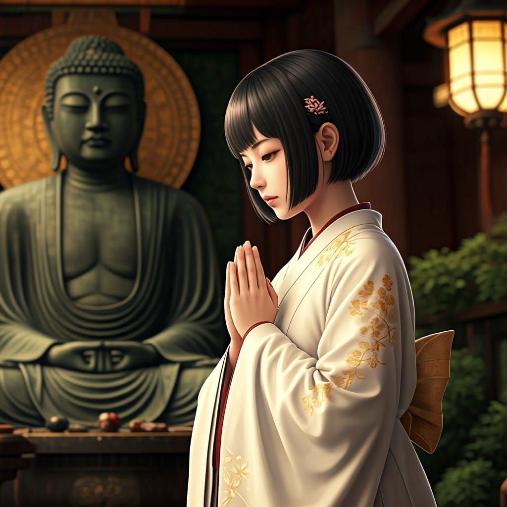 Ethereal Prayer in Traditional Japanese Attire