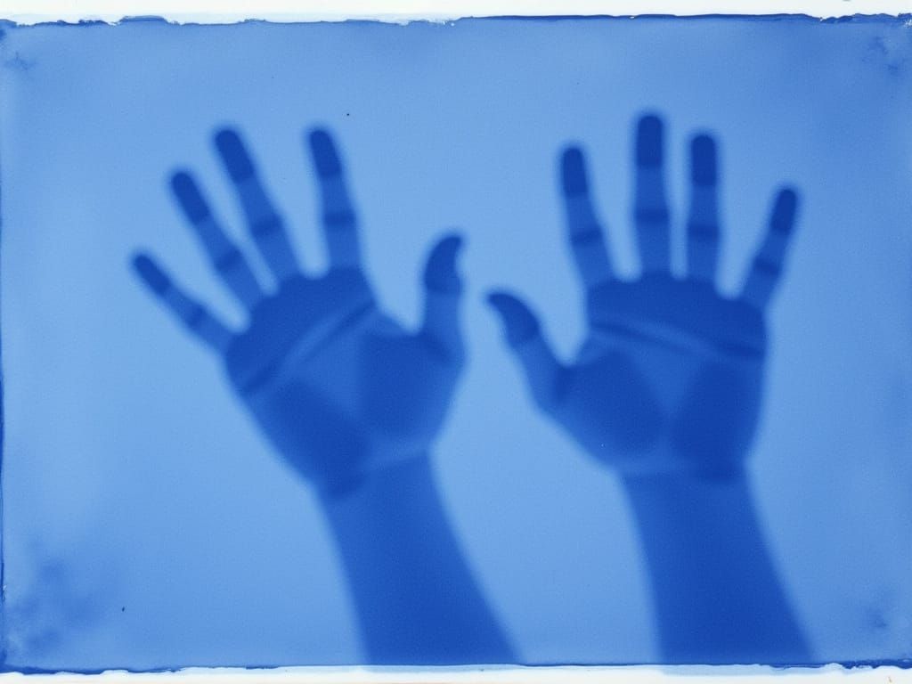 <lora:Cyanotopia:1.0> A rayograph shadow-image of  hands placed directly upon the paper and it was exposed to sunlight. light blue-lilac phot...
