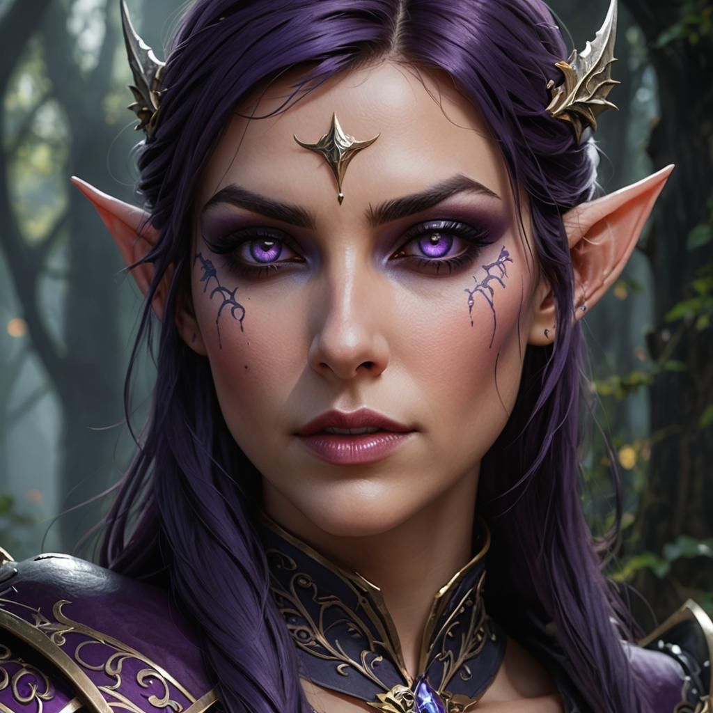 High fantasy epic attractive female elven death knight, dark purple ...