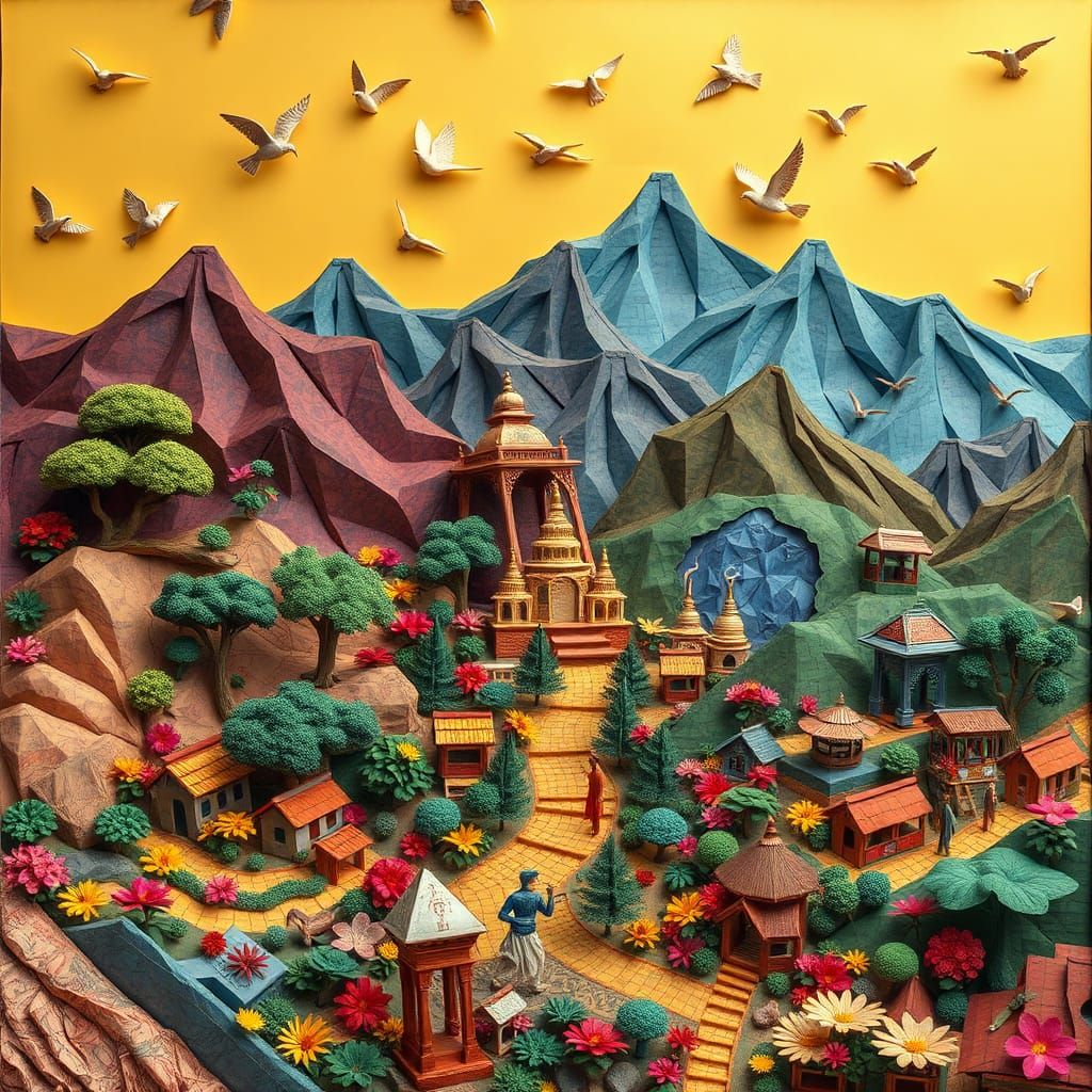 3D origami relief newspaper mosaic collage