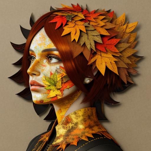 3D, textured torn paper collage art - autumn cozy leaves in a stunning girl's head, golden, orange and red mood
