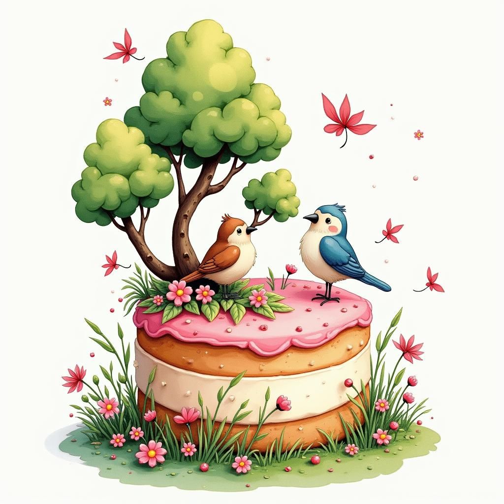 a fancy birthday cake with trees and birds made from icing. In the style of Jane Newland. Icing is coloured to match nature. storybook illus...