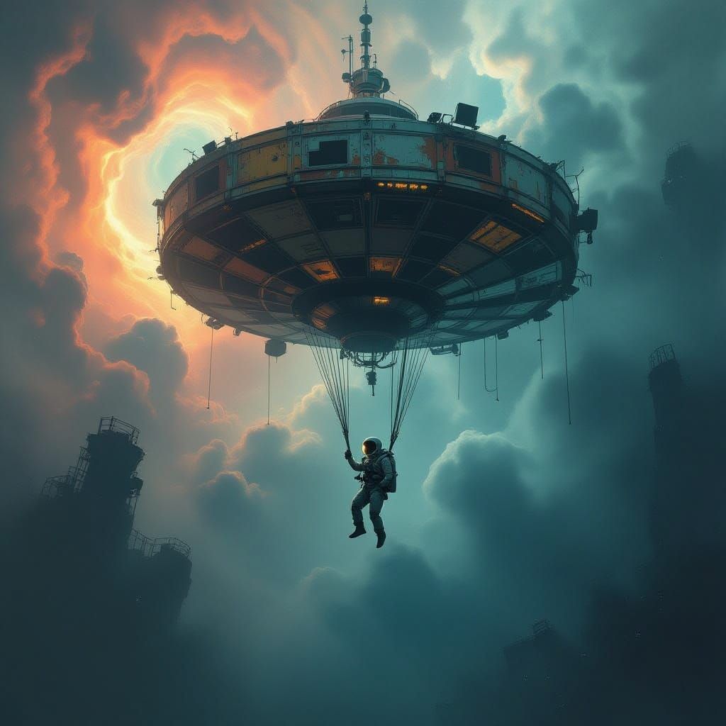 Astronaut Adrift Near Derelict Space Carousel