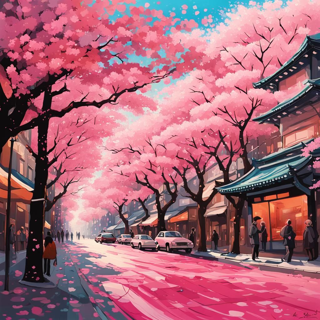A street decorated with cherry blossoms, an urban street, li...