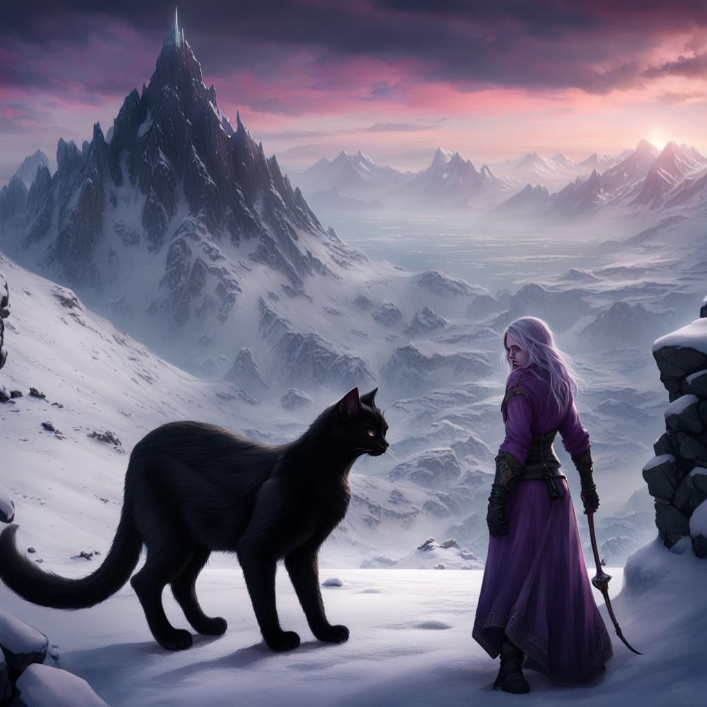 Grýla and Jólakotturinn wandering in the snowy mountains.
