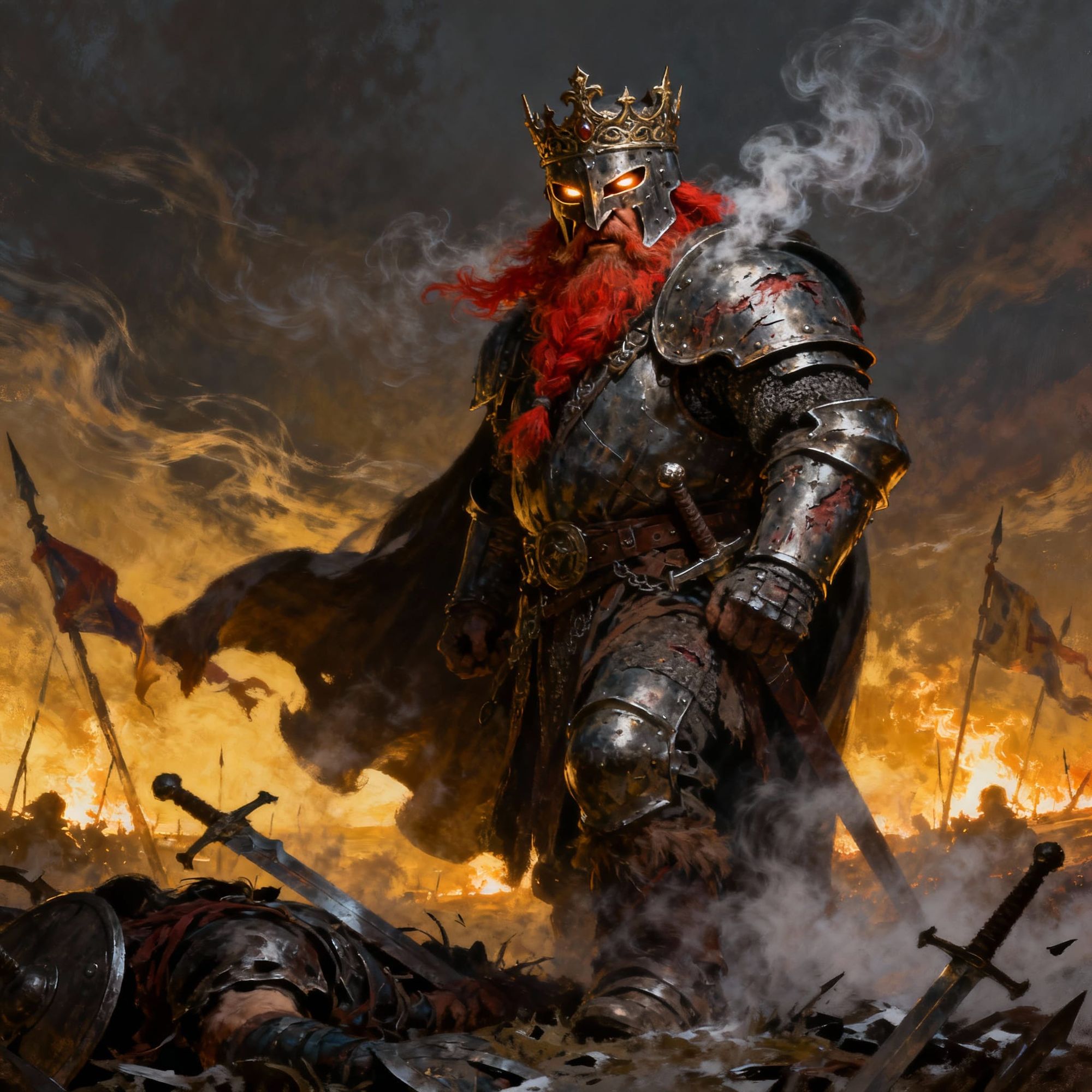 A mighty dwarven king stands firmly on the battlefield, leaning on his massive and terrifying war axe. His heavy armor is scarred, dented, a...