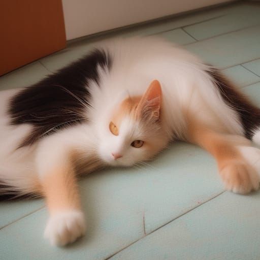 a beautiful calico cat, lying on a fluffy blanket.