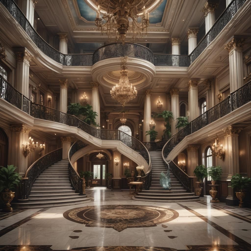 A mansions lobby with elegant staircase and elaborate beautiful staircase