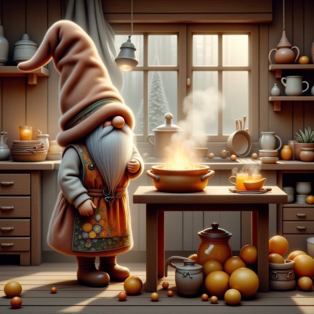 <lora:Scandic Gnomes:1.0><lora: Grandma nordic gnome cooking quince jam, whimsical photorealistic hyperdetailed 3D glossy oil painting 