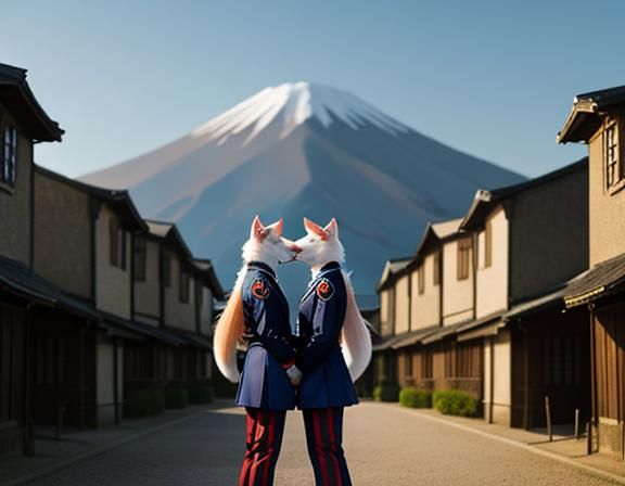 2 identical twin kitsune, wearing identical uniforms. Kissin...