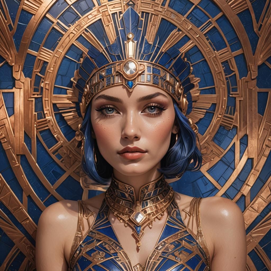 Art Deco super model Hyperrealistic, splash art, concept art, mid shot, intricately detailed, color depth, dramatic, 2/3 face angle, side li...