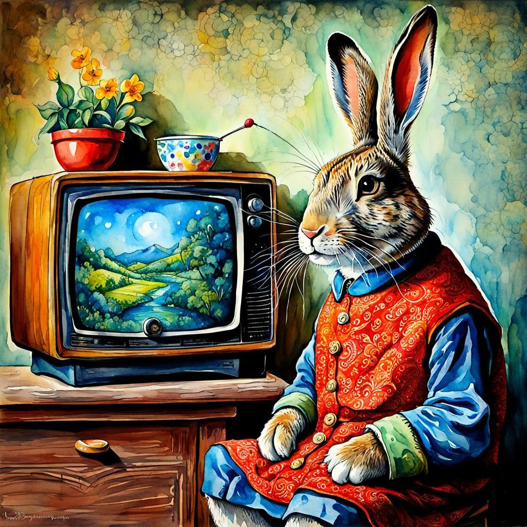 Granny Rabbit watching TV