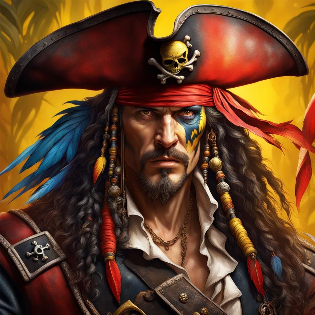 Perroquet Pirate Au Plumage Rouge Et Jaune, Hyperrealistic, Splash Art 