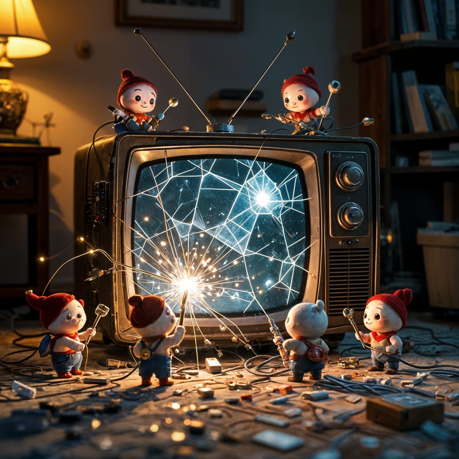 A broken old television sits on the floor, its screen cracked and wires sticking out. Around it scurry ...  by @Zacharo