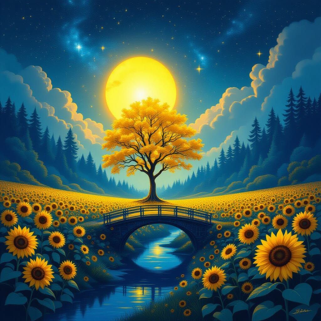 A surreal dreamscape split between warm golden yellows and deep cosmic blues. On one side, a glowing yellow tree under a...