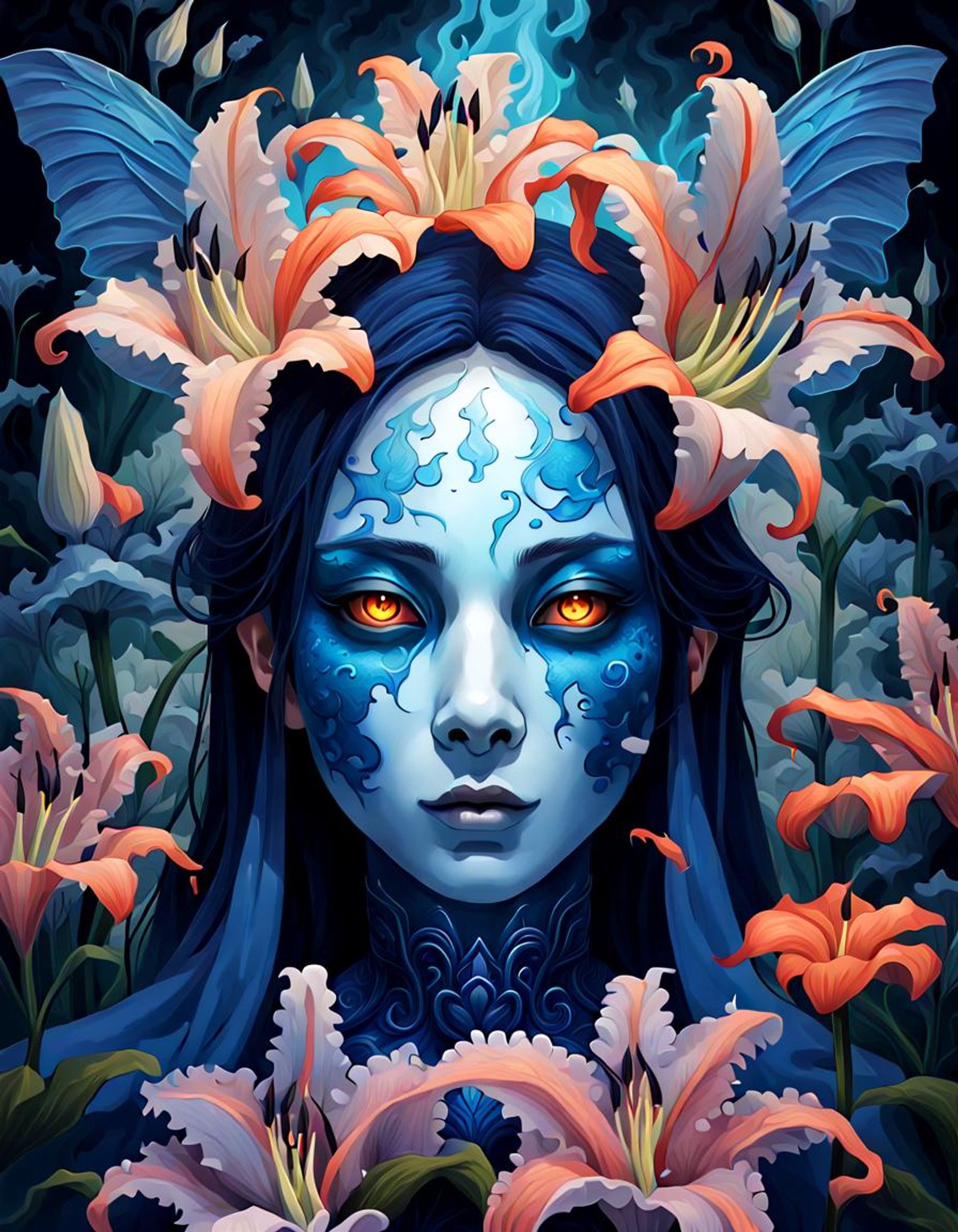 (insanely blue horror artwork of a ghost blue flame ghost surrounded by