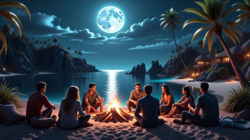 friends around a campfire on the shore of a bay <lora:Tranquility:1.0> 