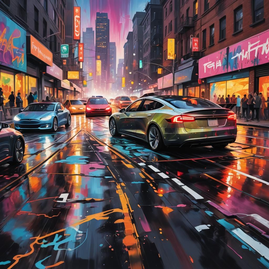 Electric Cars Race in Graffiti Art Style