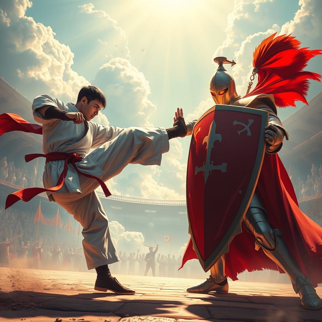 A powerful karate master tries to break a knights defence, karate master is kicking knights shield, the immovable Knight's defence is unbrea...