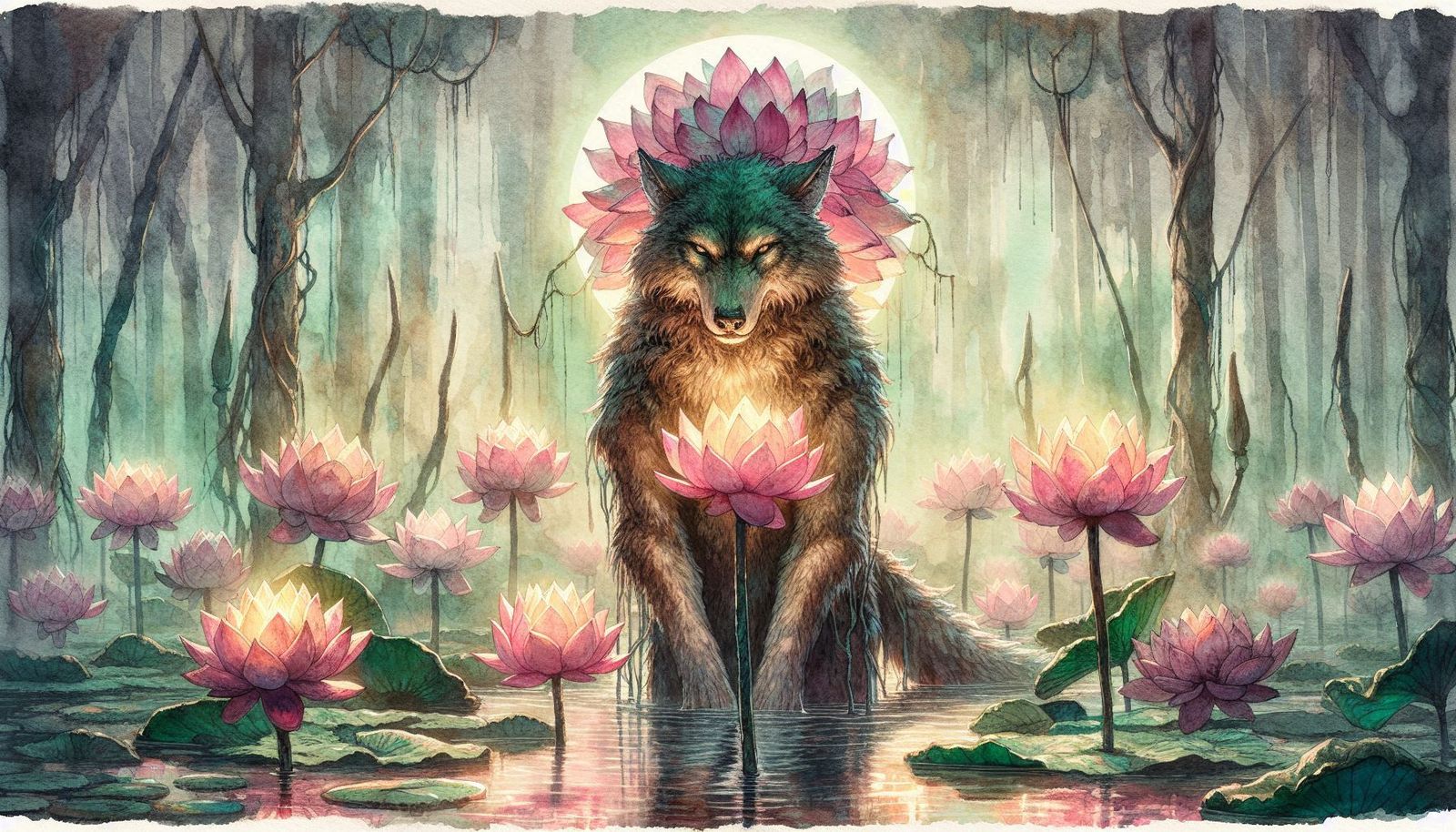 Watercolor of a werewolf in a lotus pond