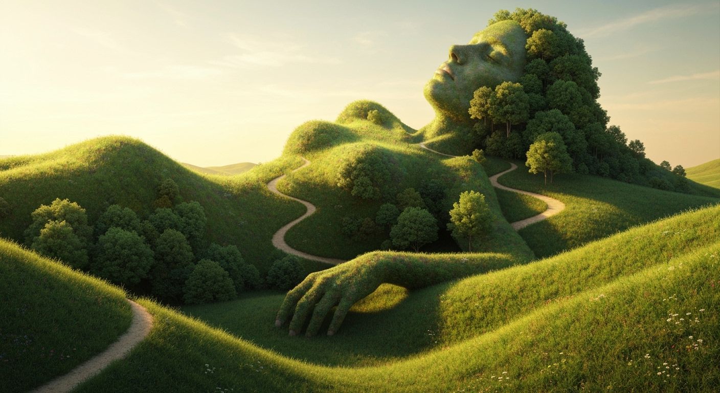 Surreal concept art of a maiden lying down, the landscape is her body, creating rolling hills and valleys ...  by @IoanM