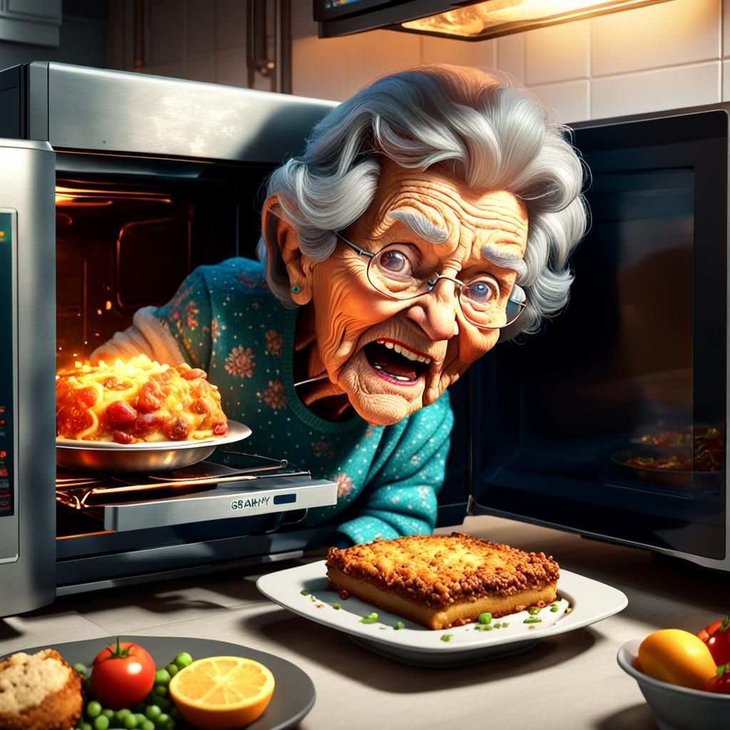 a granny looks at food into the microwave, 
  by @MissVormt