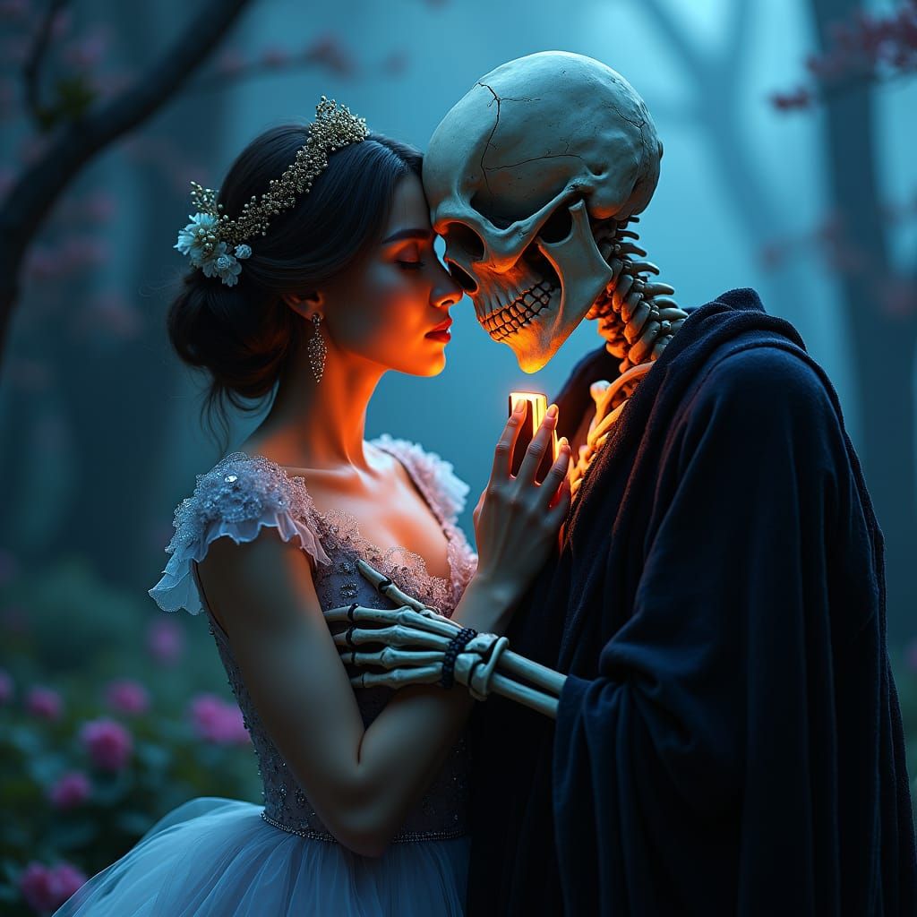 Make a skeleton hugging a beautiful woman in a loving embrac...