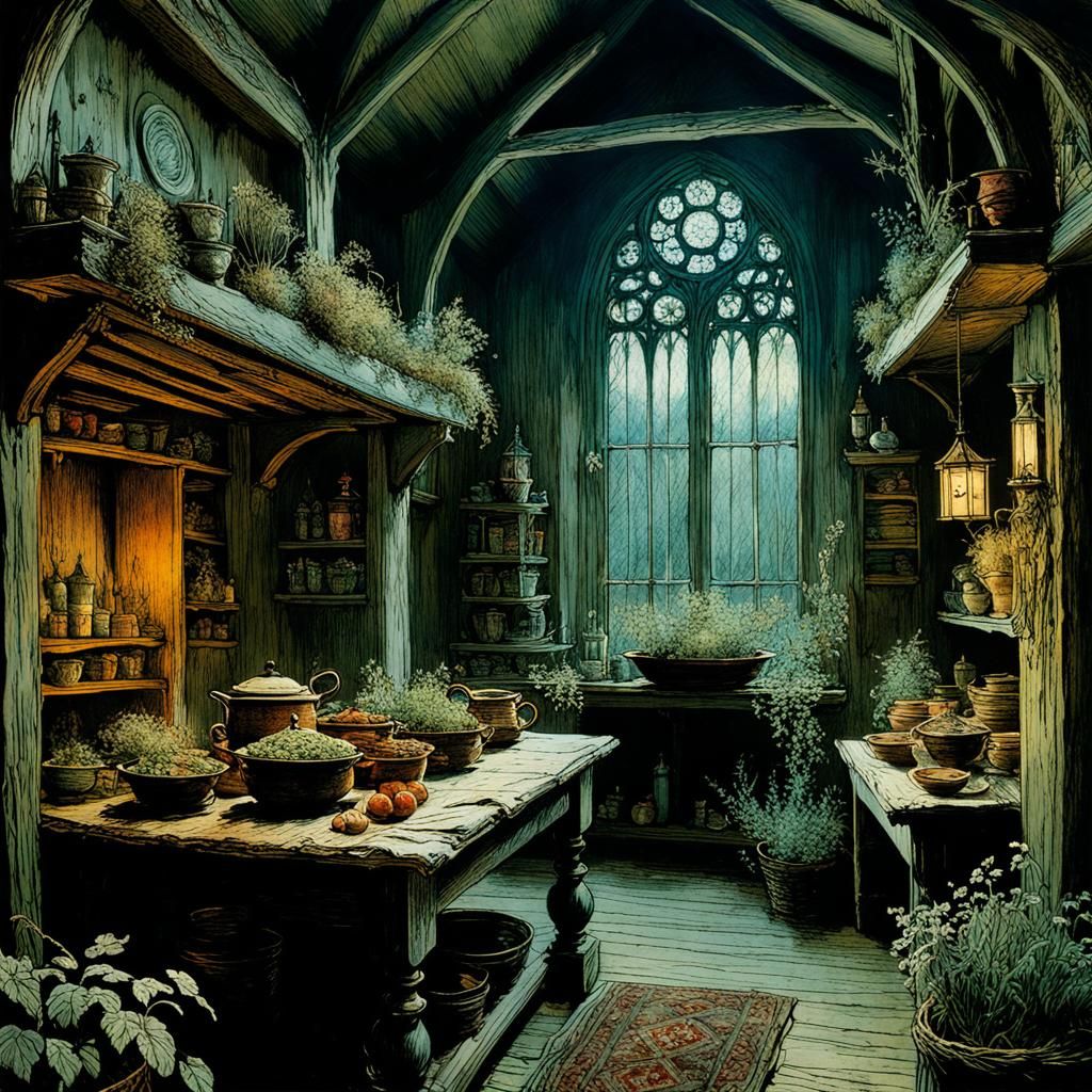 in the medieval house of the herb woman, by Arthur Rackham, Carne Griffiths and Caspar David Friedrich, ...  by @Tina auf der Blumenwiese