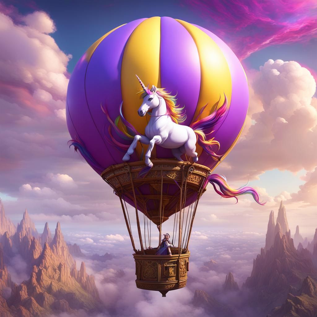 unicorn flying above hot balloon on sky