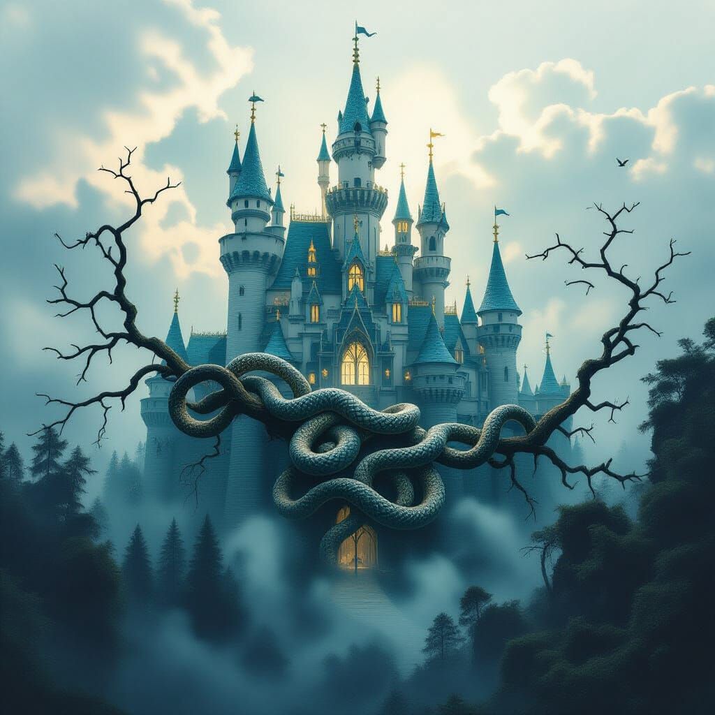 Magical Castle Double Exposure with Entwined Snakes
