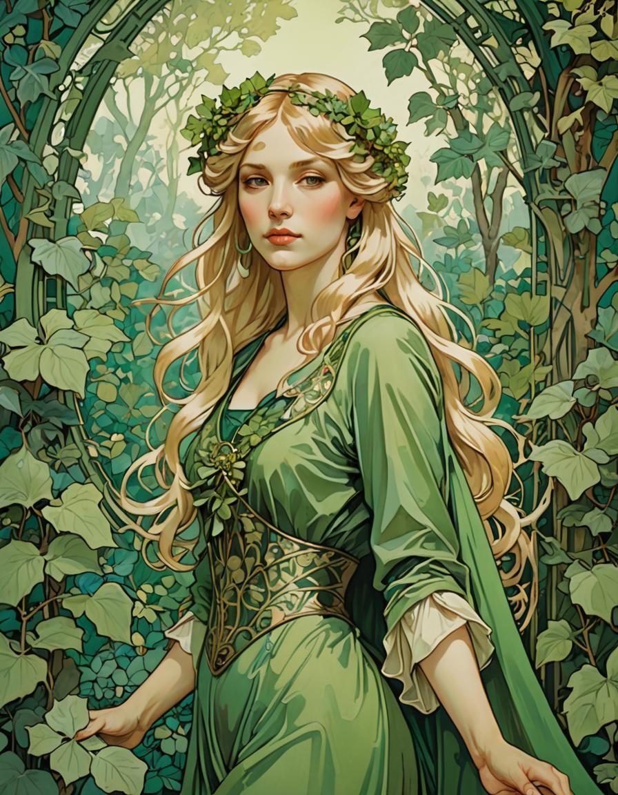 Young woman with blond hair, dressed in green, surrounded by...