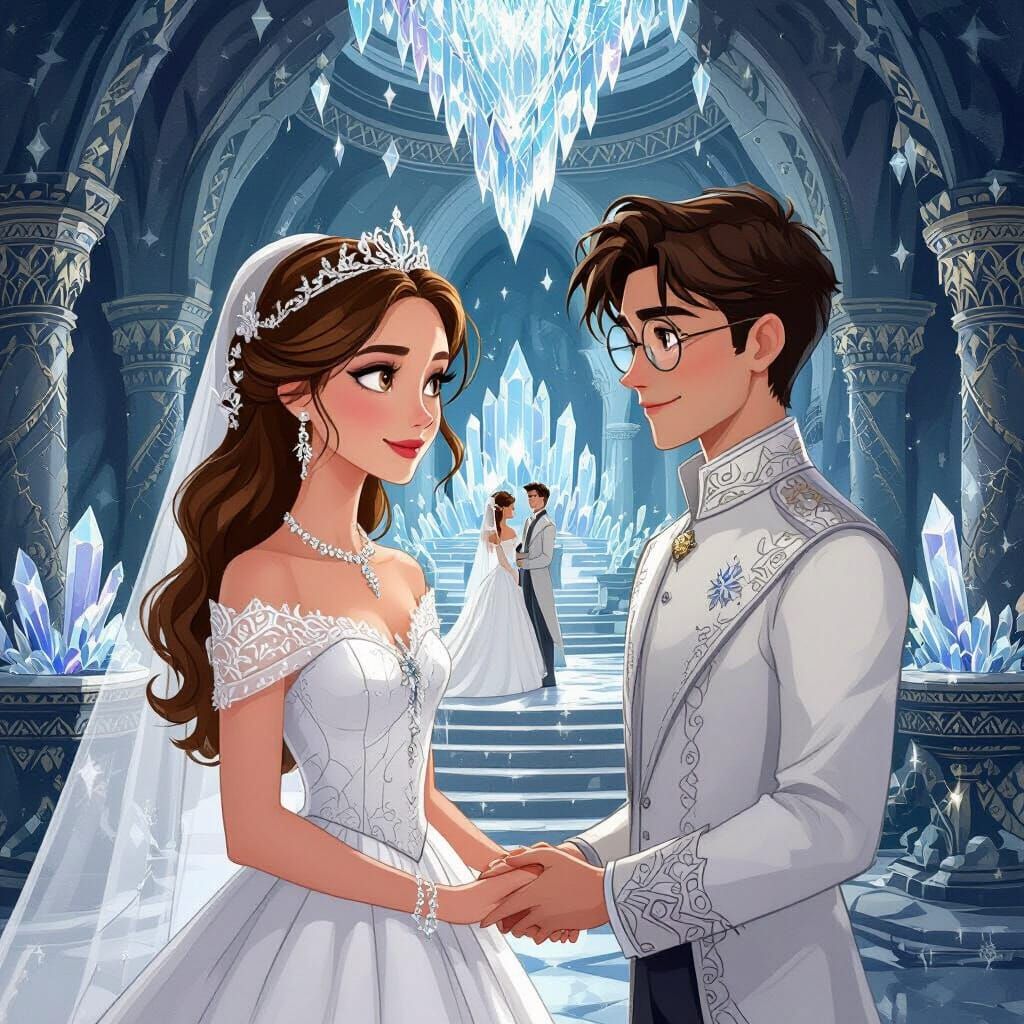 Illustration for a fantasy book, still from a film.
The majestic hall of an ancient underground bank, decorated with sparkling crystals and ...