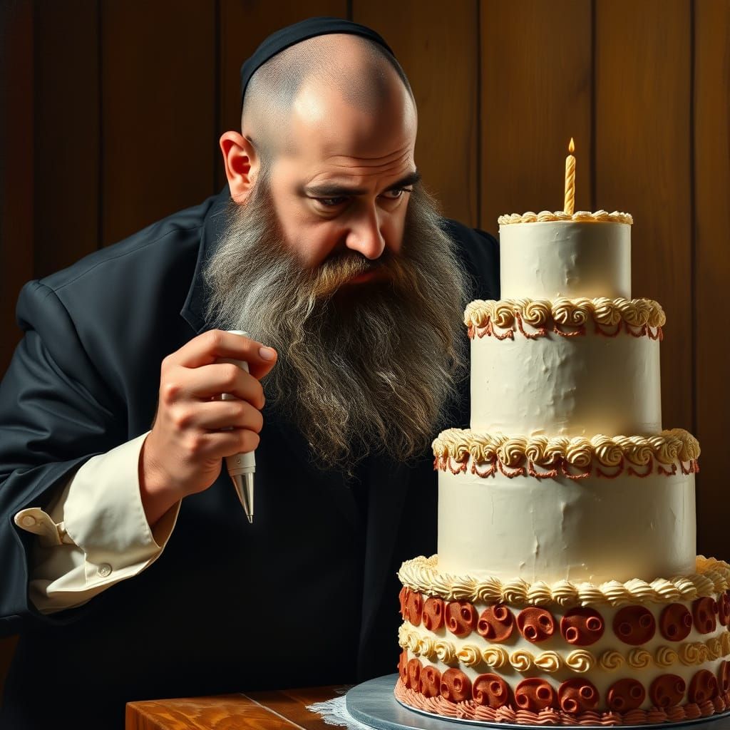 Jewish Hassidic Baker Concentrates on Birthday Cake Decorati...