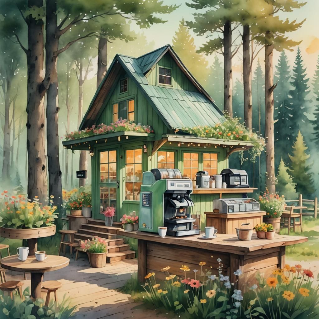 Whimsical Watercolor Coffee Shop in Forest at Dusk