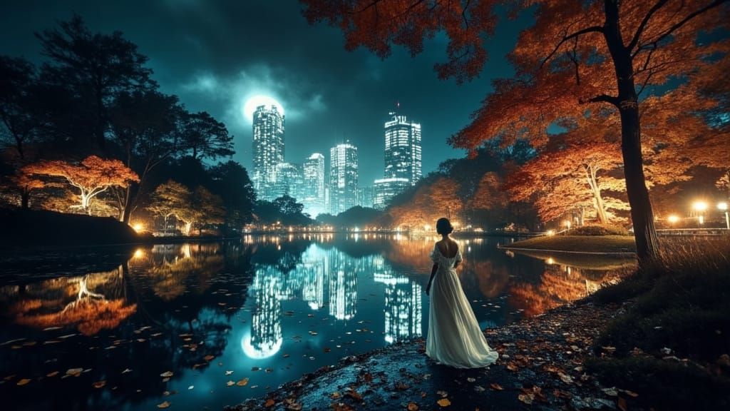 Hamarikyu Tsukimi Sanpo Tokyo vue nocturne sur l'étang Shioiri-no-ike et les building de Shiodome_032