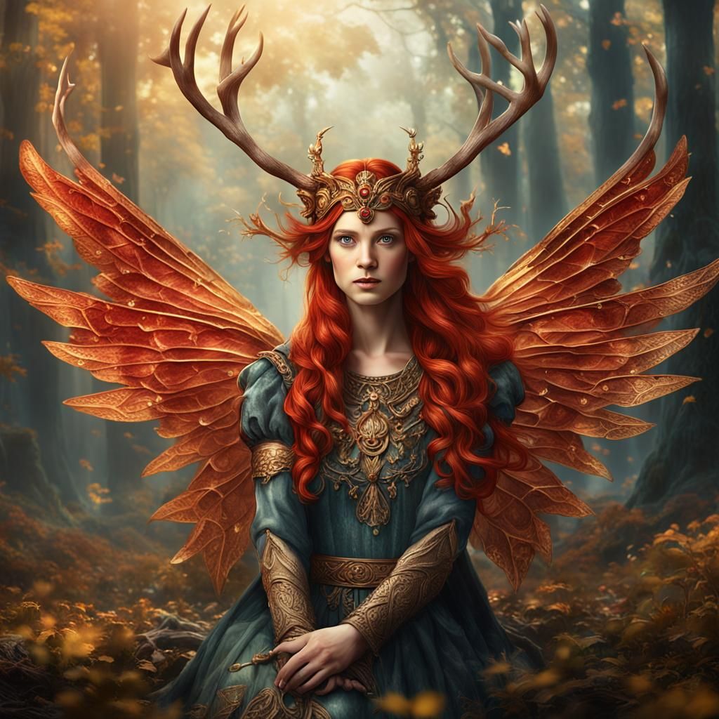 Winged Medieval Fairy with Antlers in HDR