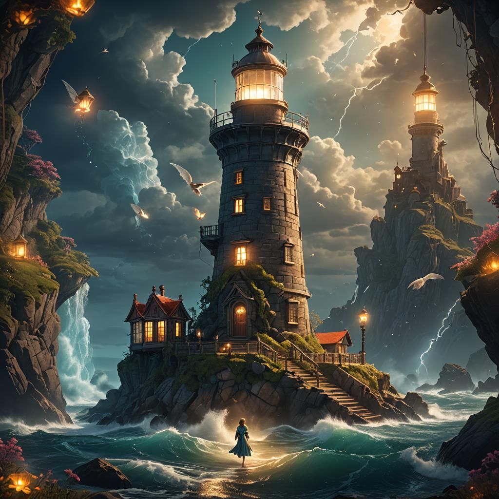 Depict the magical world beneath the lighthouse with Lumina,...