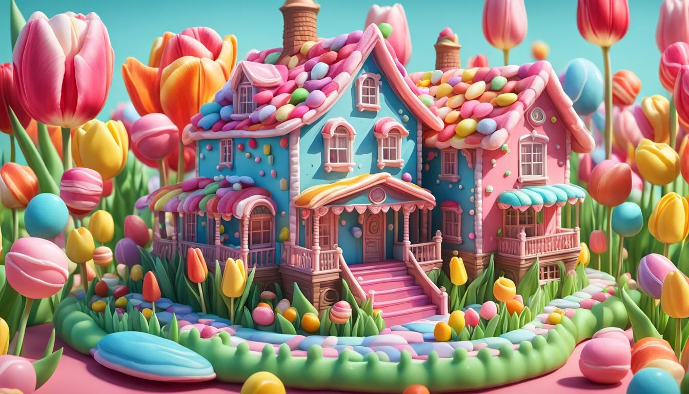 Candy House and Tulips in Miniature Style