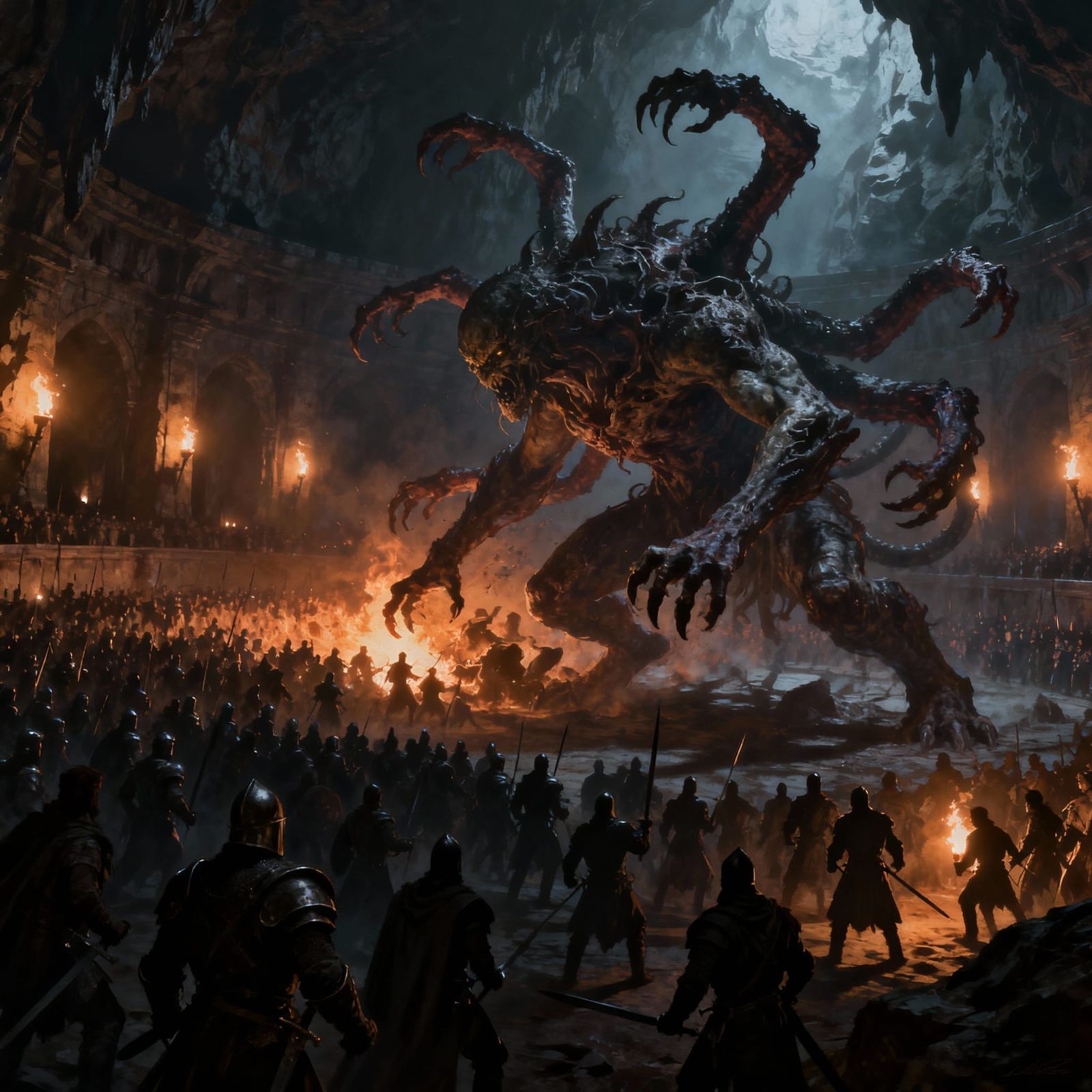 Epic Fantasy Monster Battle in Dark Arena