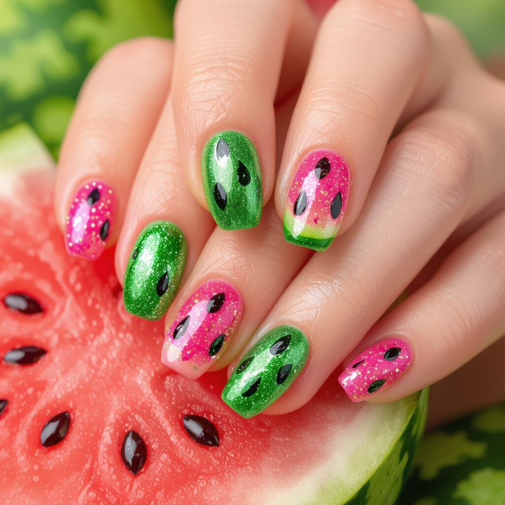 Summer Watermelon Nail Art Close-Up