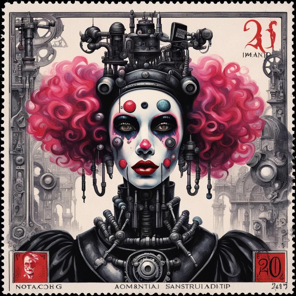 imagine a postal stamp inscribing a mechanical Robotic Cybor...