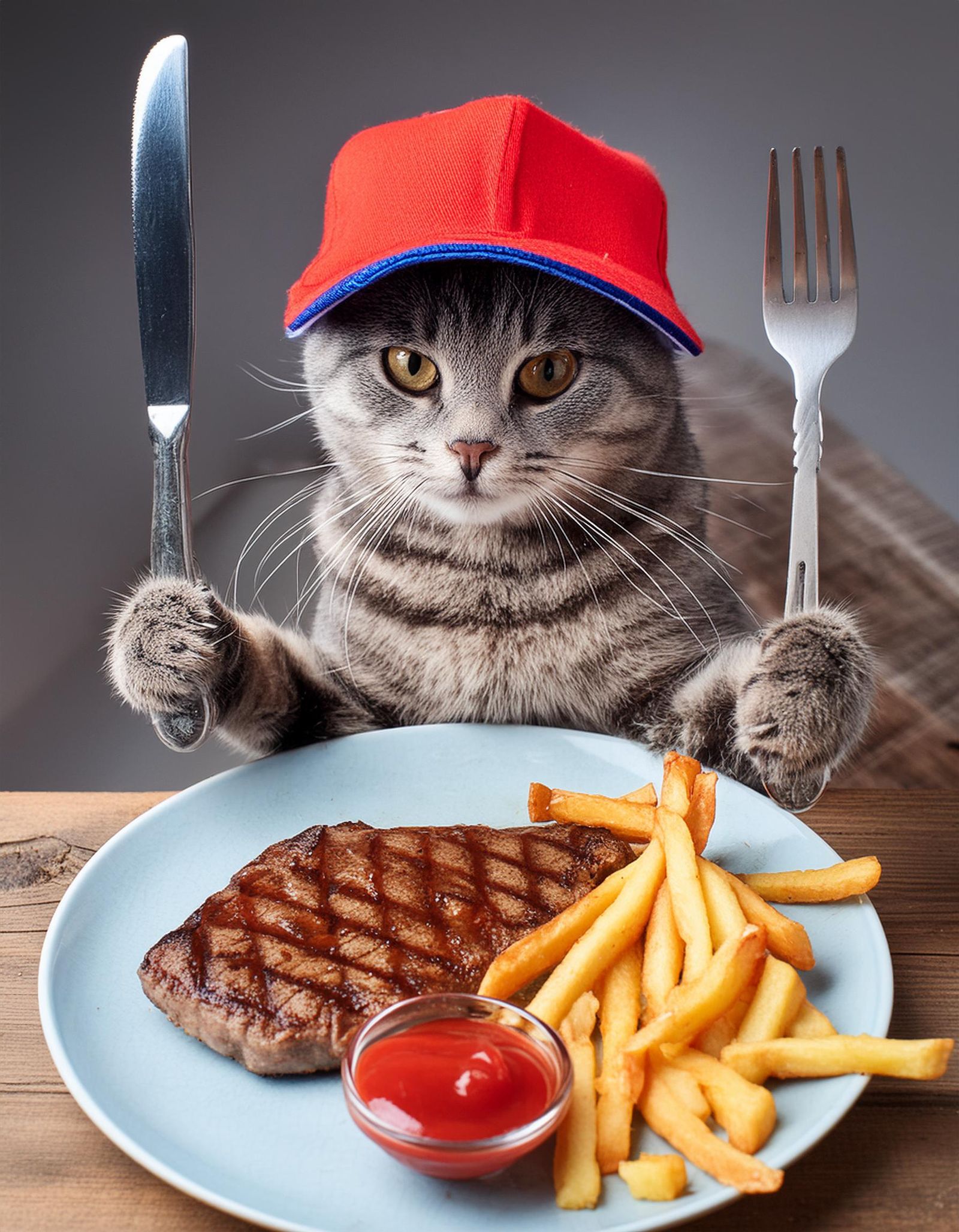 Cat with basecap eating steak with fries ...