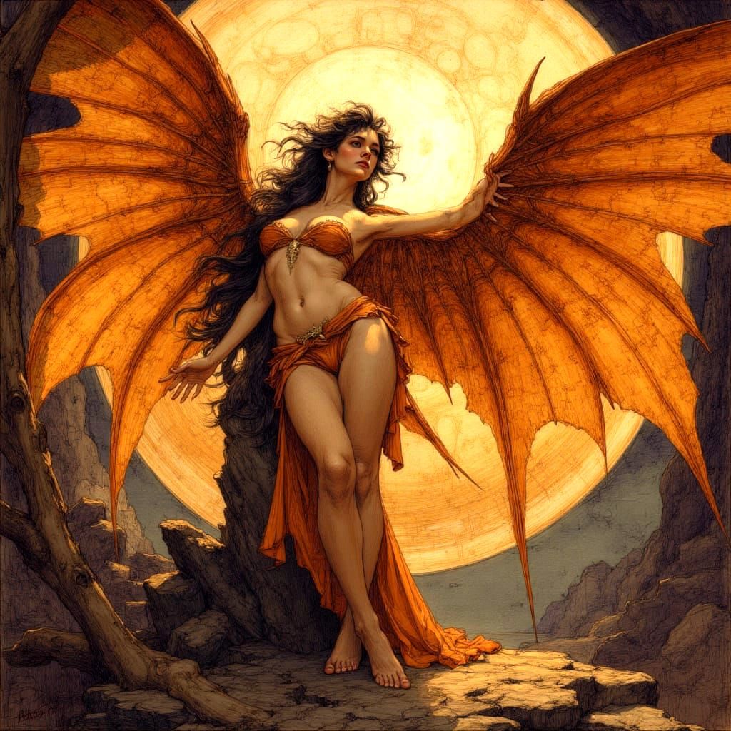 <lora:LSR - 1:1.0> Full length portrait of magnificent female angel, huge wings, chiaroscuro lighting, rich lush vibrant sunset colours in b...